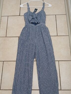 A & F Womens Size XS Striped Denim Jumpsuit with Front Tie NWT